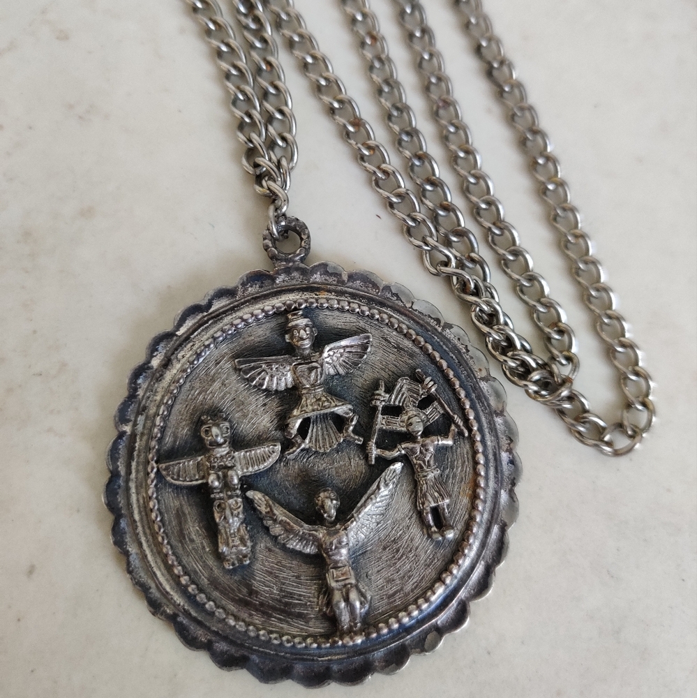 Vintage Native American Totem Pole Silver Metal Medallion Necklace